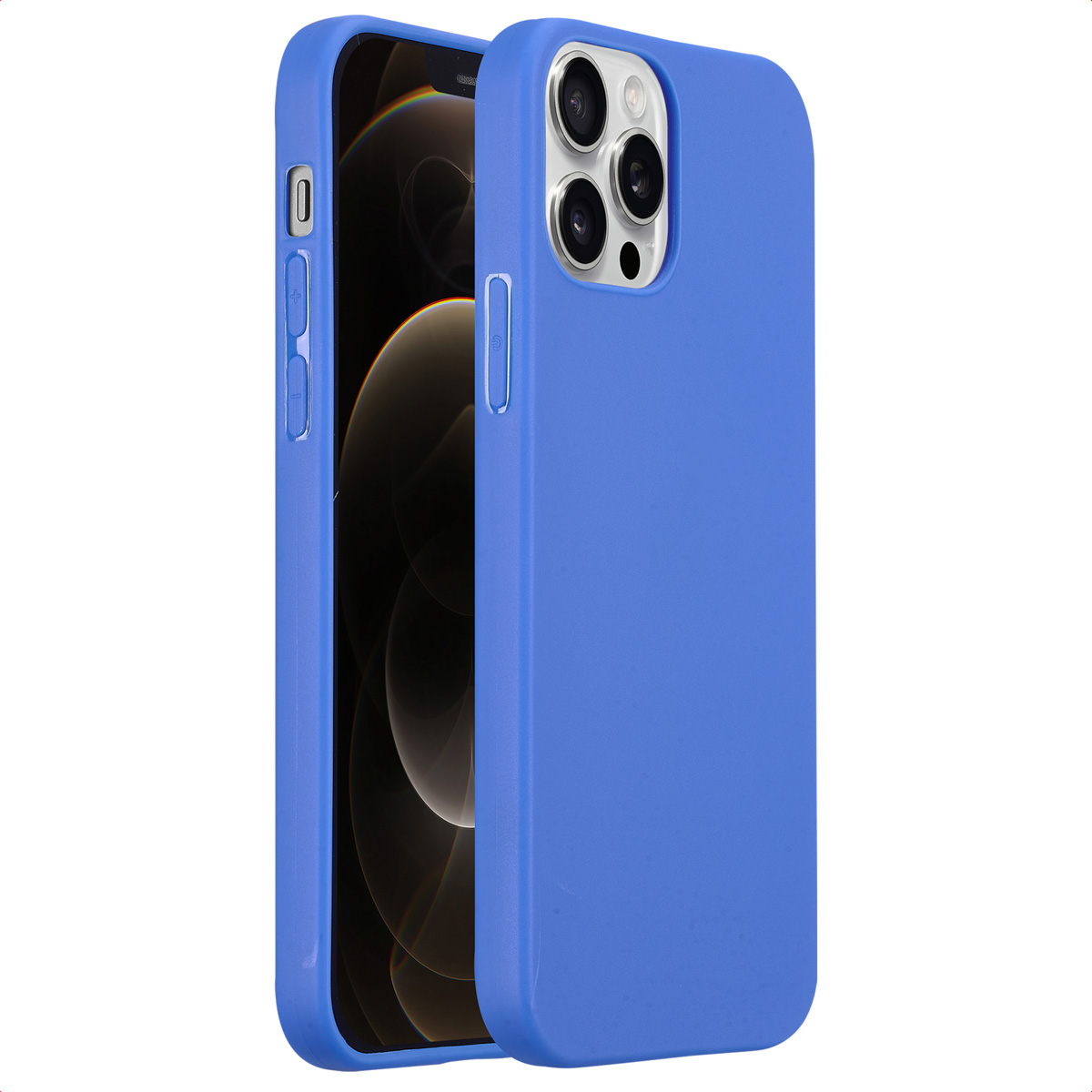 Blauw telefoonhoesje, iPhone rechts. De hoes bedekt de hele telefoon.