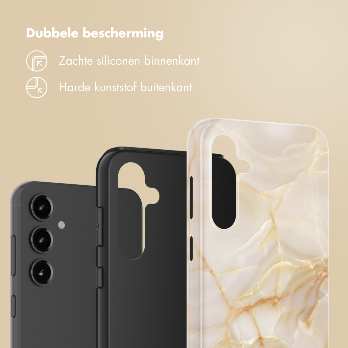 Tre custodie per telefono: nera, design marmorizzato e telefono nero.