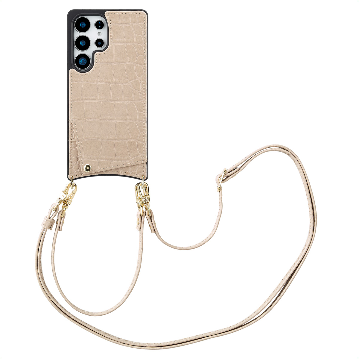 Coque beige avec sangle, fermoirs dorés et design texturé.