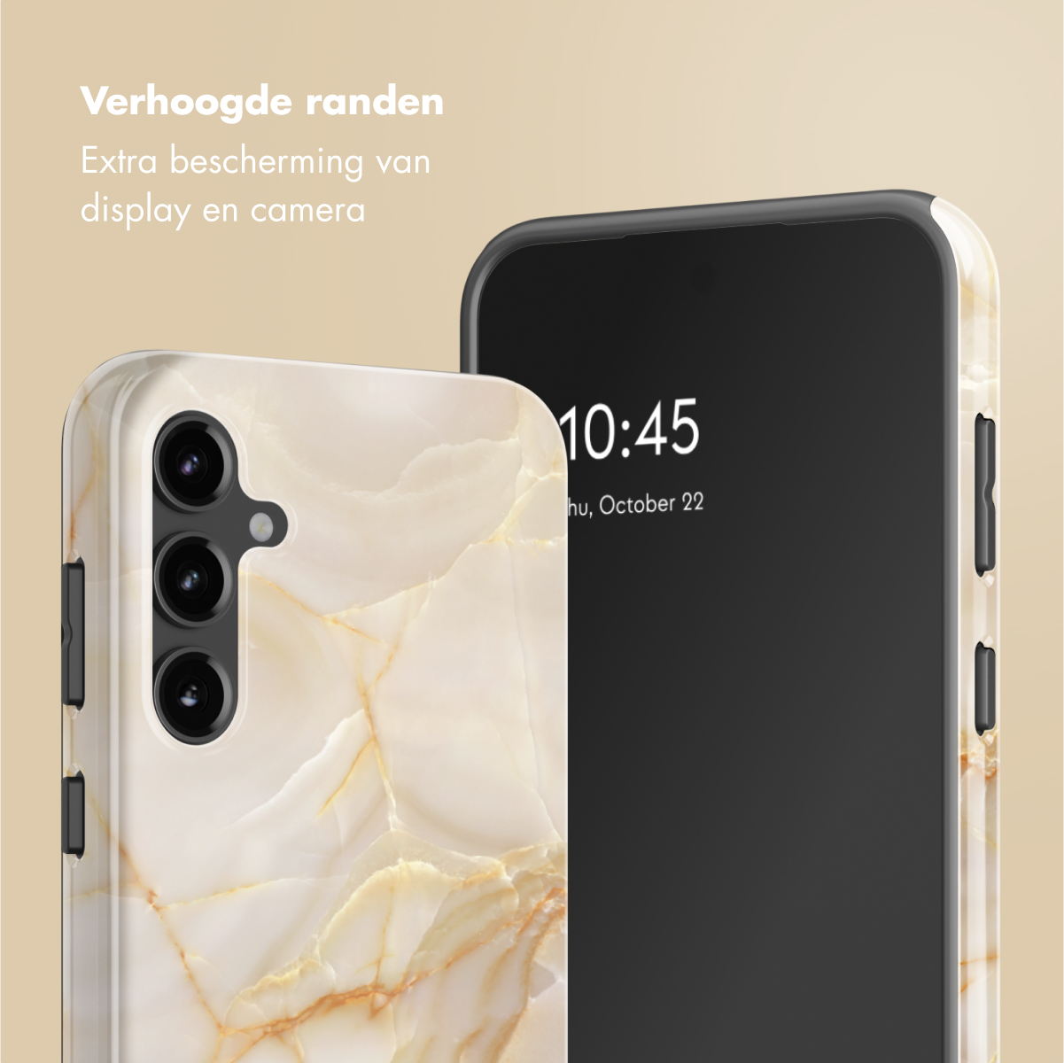 Una custodia con un design marmoreo bianco sporco e un telefono con schermo nero.