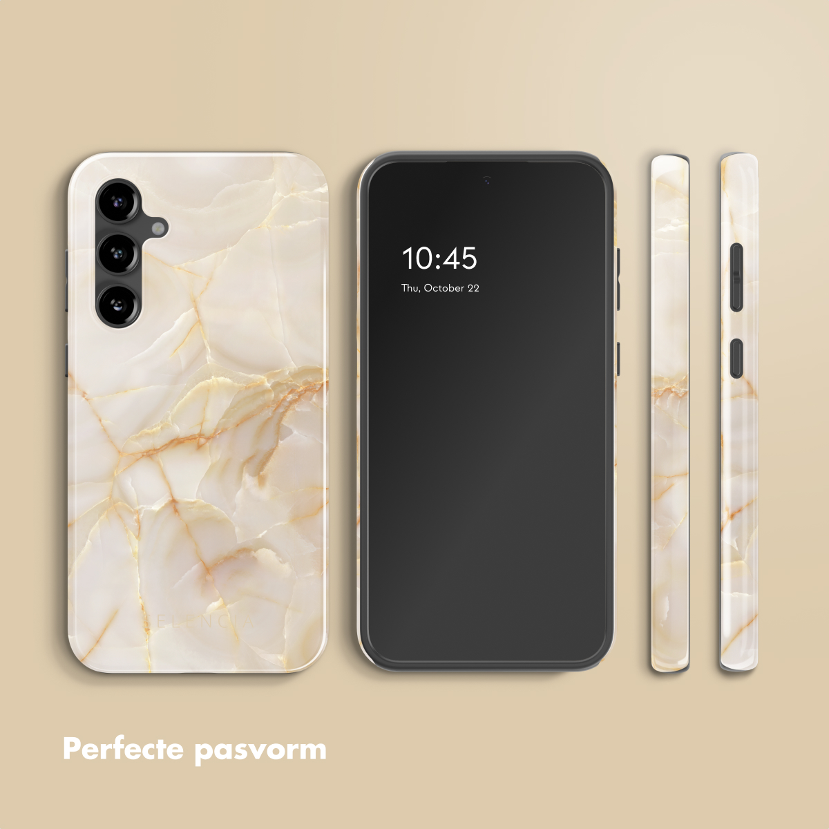 Un telefono e diverse custodie. Il telefono mostra l'ora 10:45 sullo schermo. Le custodie hanno un motivo marmorizzato.