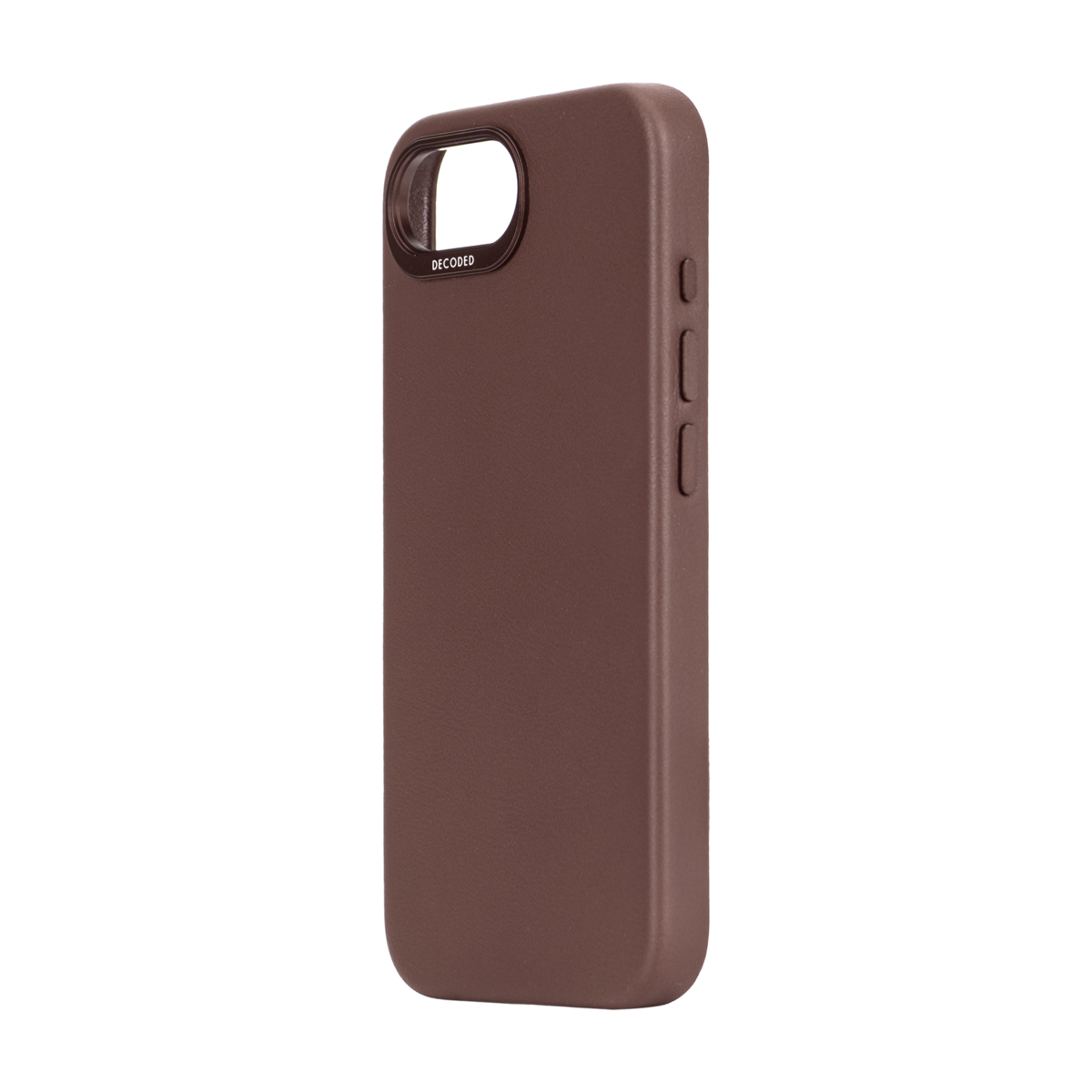 Bruin telefoonhoesje met een camera-opening aan de achterkant en een zwarte achtergrond.
