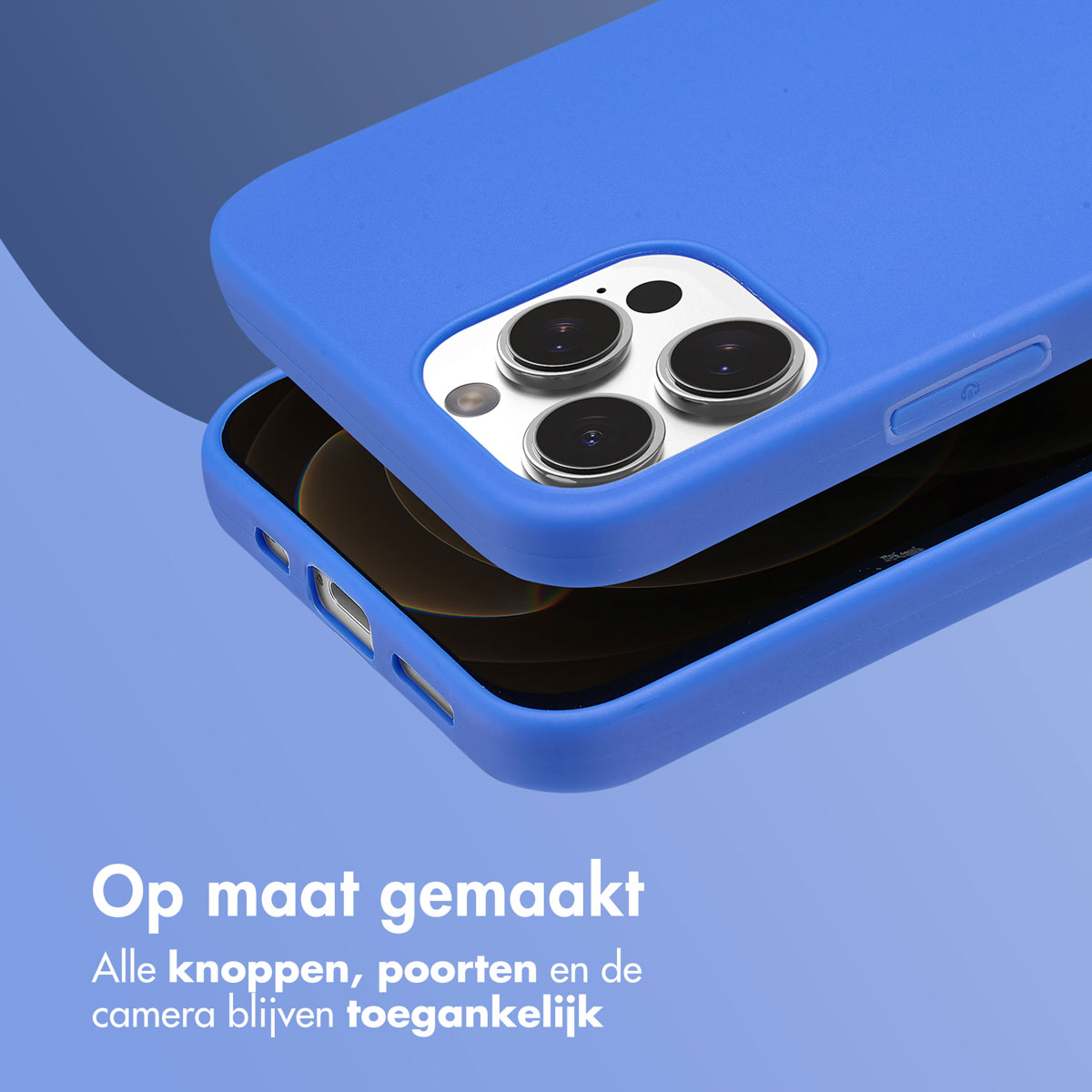 Blauwe telefoonhoes op telefoon. Tekst: Alle knoppen, poorten en camera blijven toegankelijk.