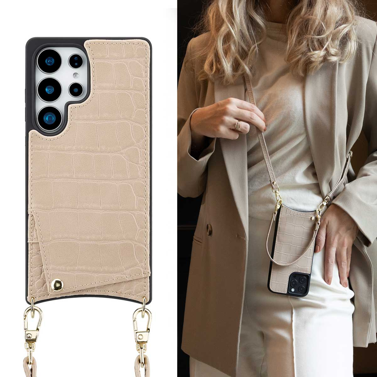 Femme portant un étui beige avec une lanière. L'étui a des fentes pour cartes.