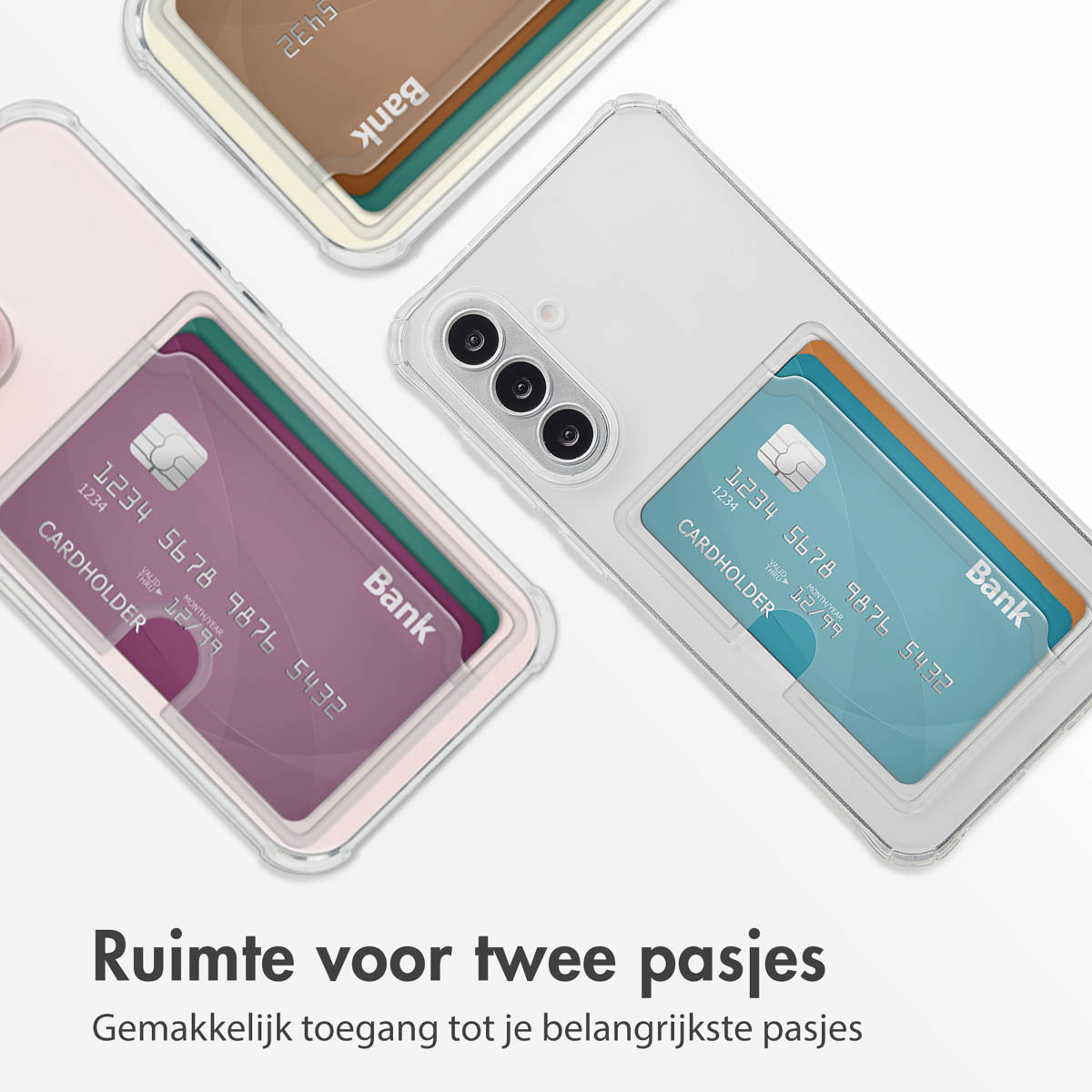 Transparant telefoonhoesje met creditcardvakjes. Kaarten in sleuven. Hoesje en kaarten zichtbaar.