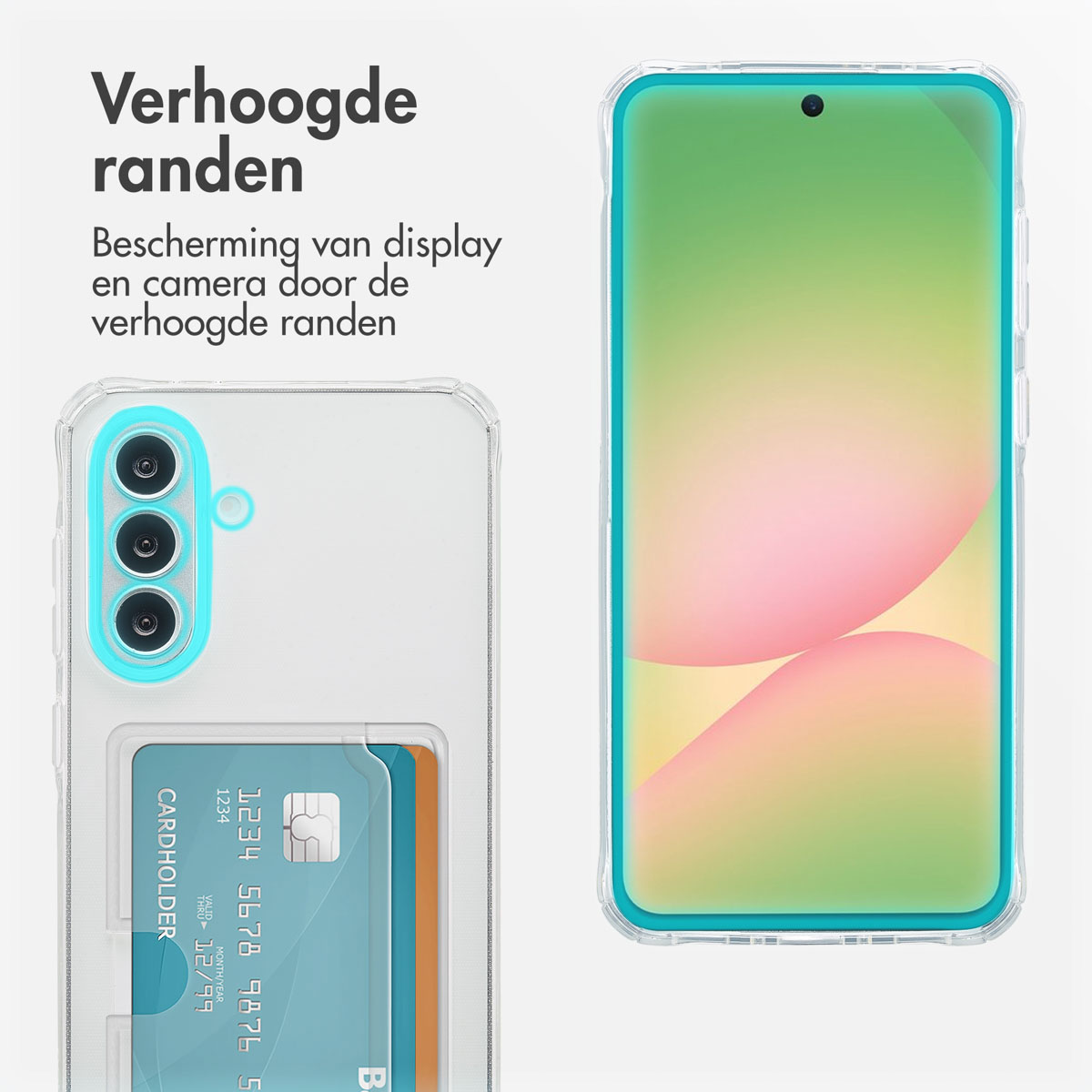 Transparant telefoonhoesje met een kaarthouder en een telefoon.