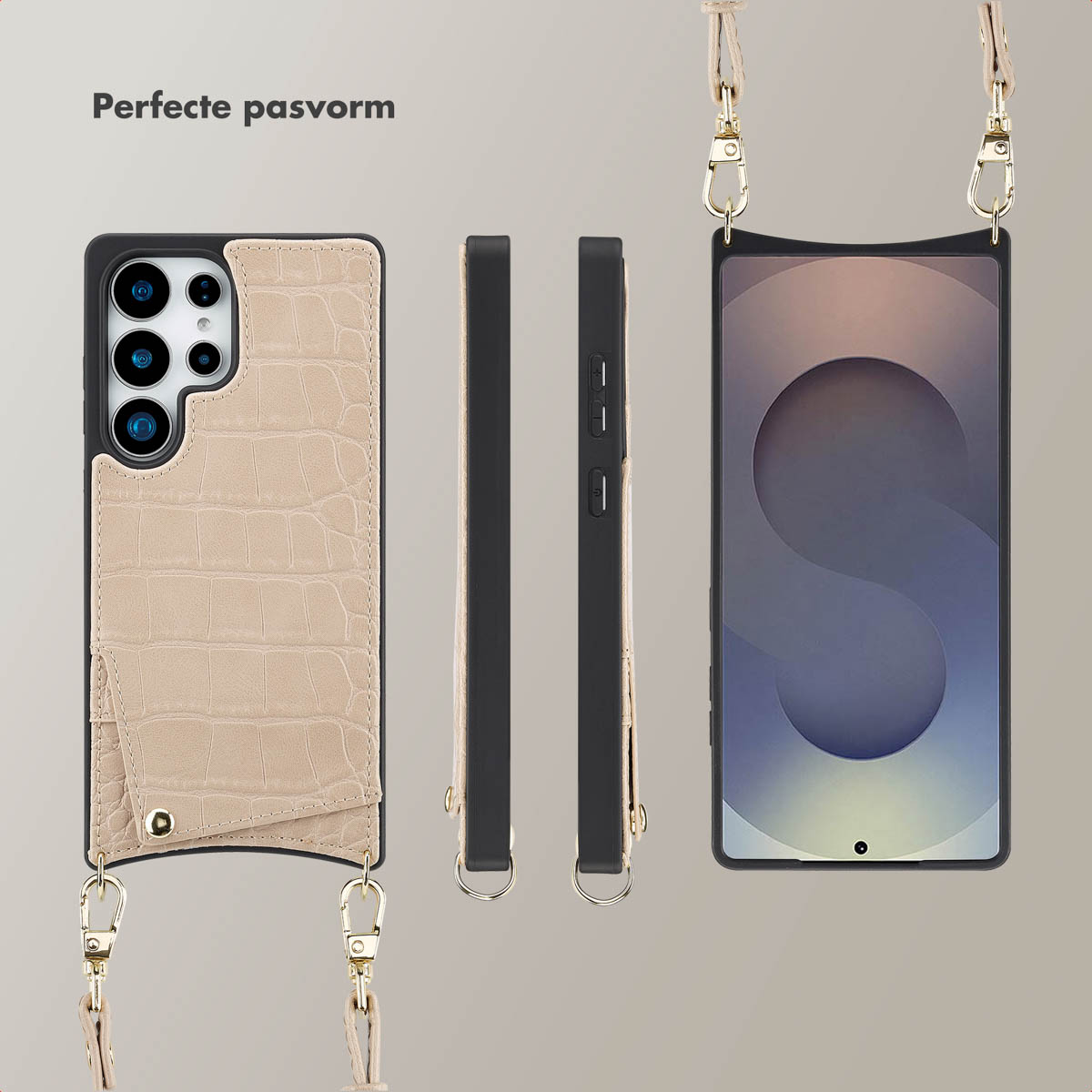 Plusieurs vues d'un téléphone dans une coque beige imitation peau de crocodile avec une sangle dorée.
