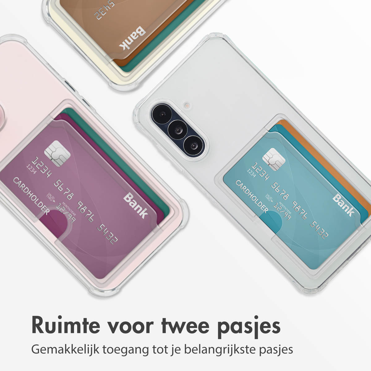 Drie telefoonhoesjes met kaarten erin. Transparant, roze en wit.