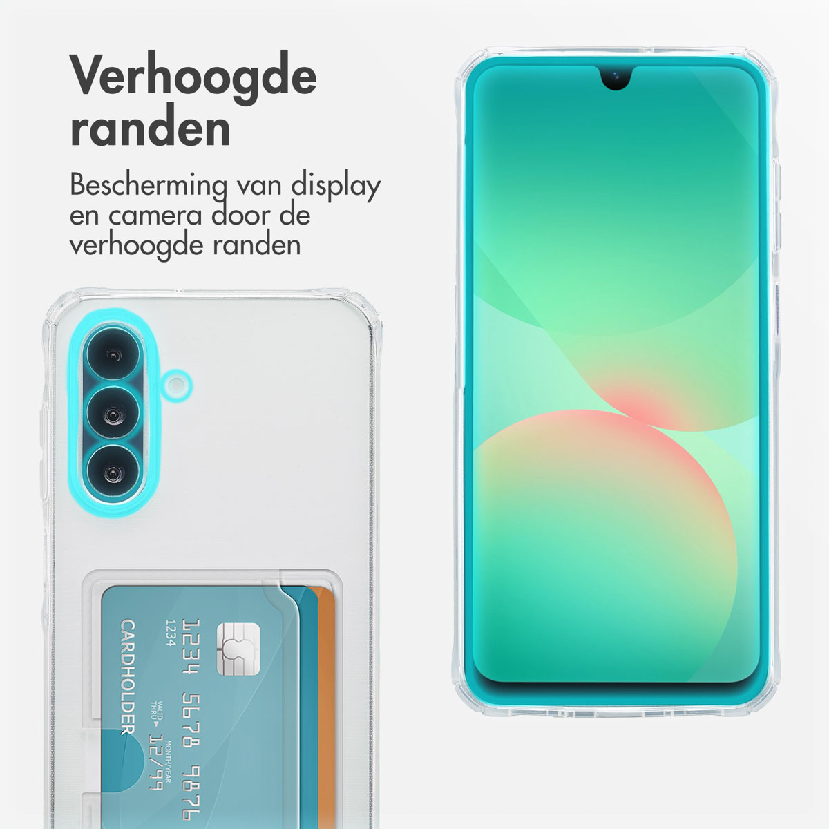 Transparante telefoonhoes met een kaarthouder en telefoon. Tekst 'CARDHOLDER' en nummers zijn zichtbaar.