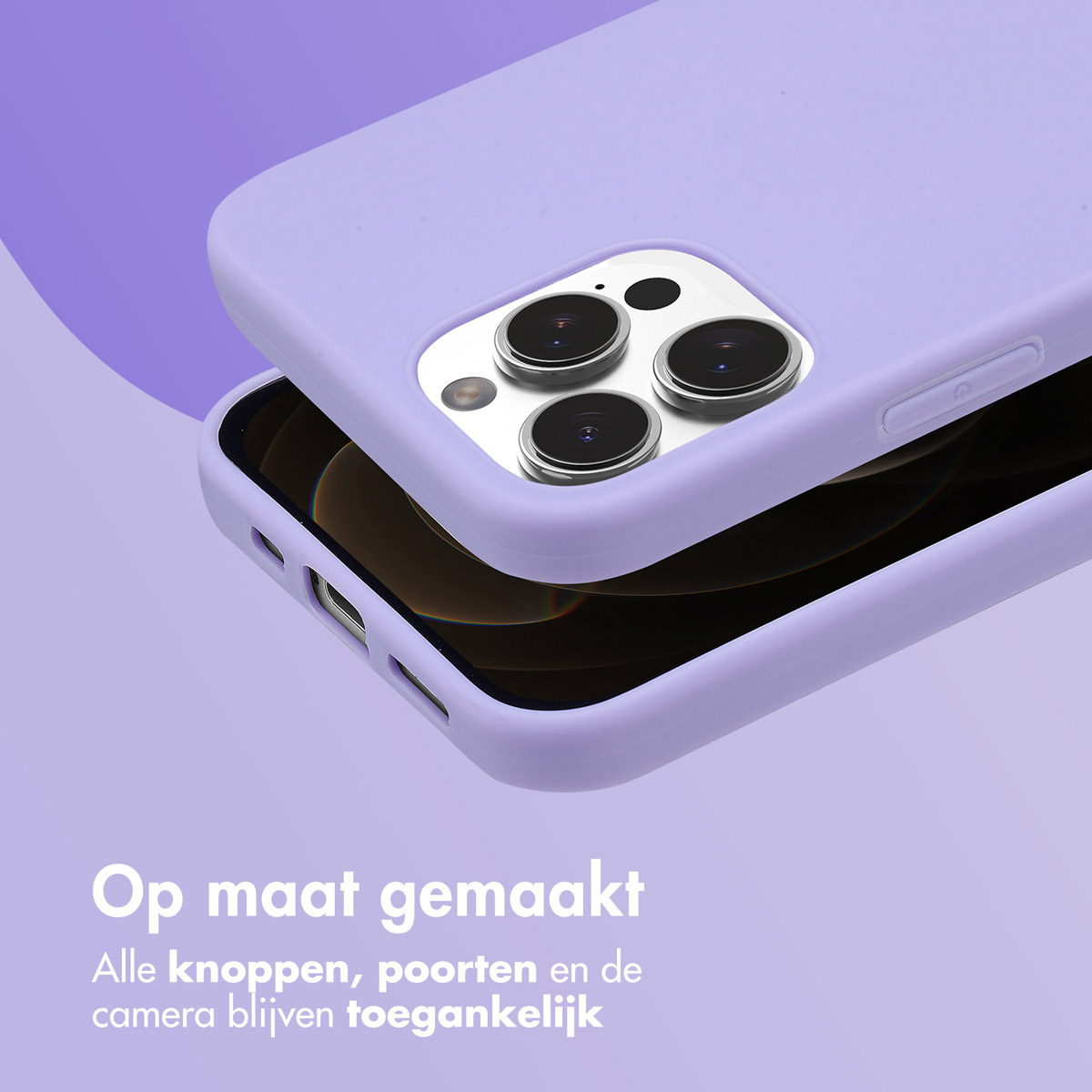 Paarse telefoonhoes met telefoon erin, met knoppen en poorten.