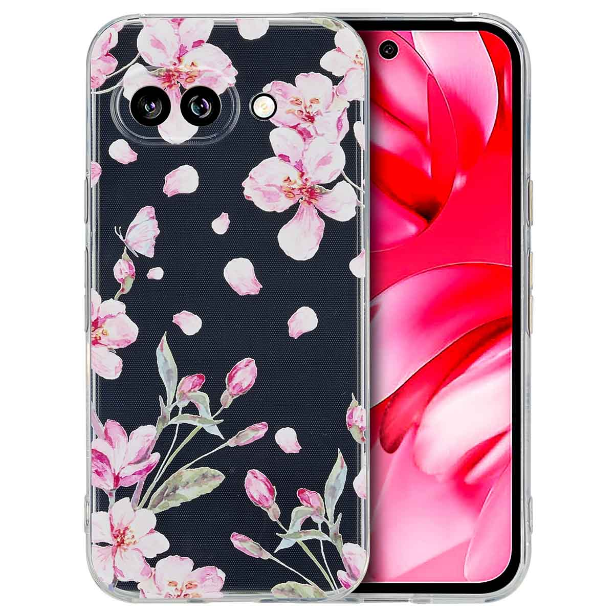 Téléphone dans une coque florale, fleurs et pétales visibles, fond sombre.