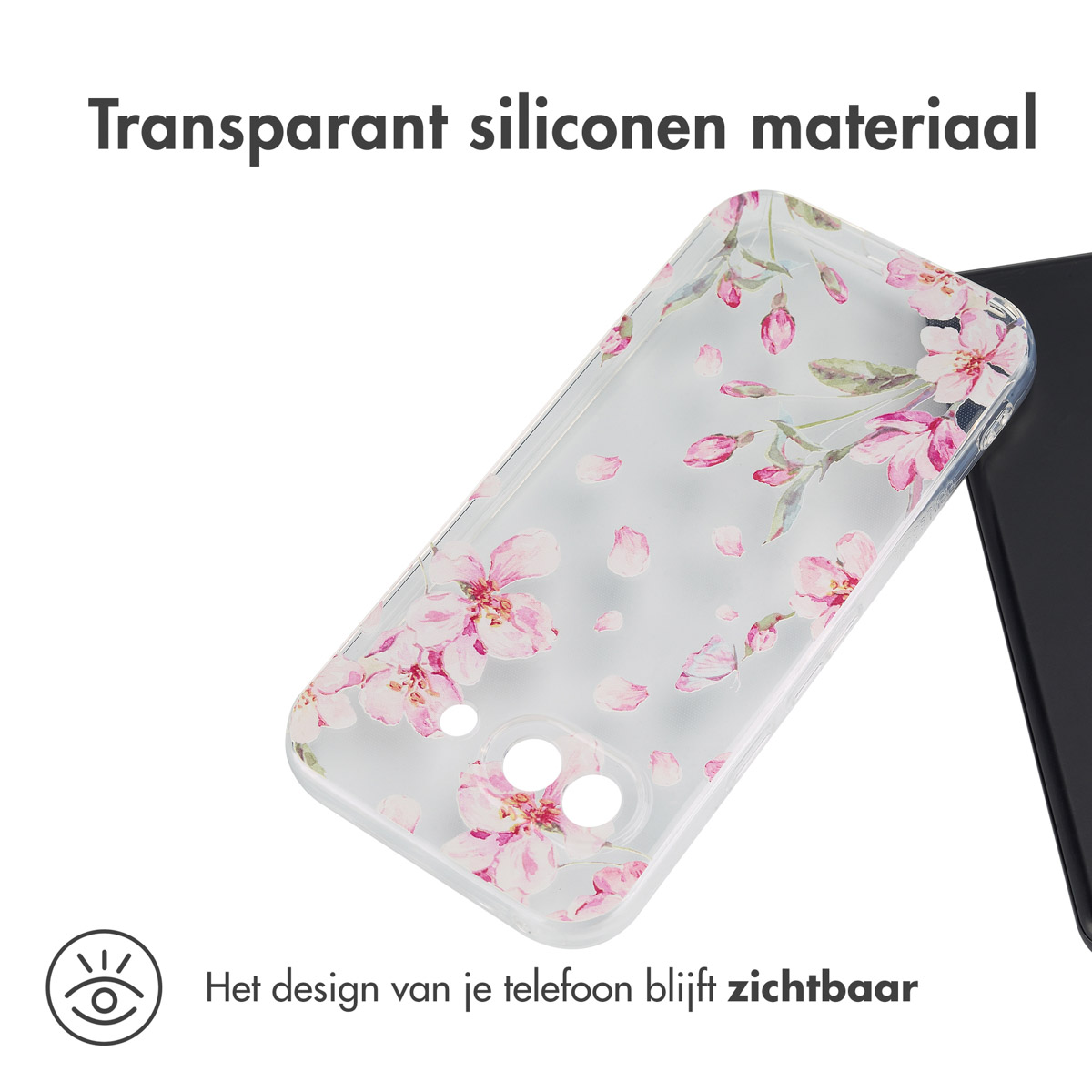 Coque transparente avec motif de fleurs roses. Texte : Matériau silicone transparent. Téléphone à droite.