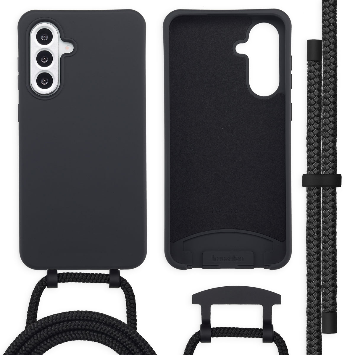 Twee telefoons; één in een zwart hoesje, en een zwart koord is aan het hoesje bevestigd. Het koord is gevlochten.