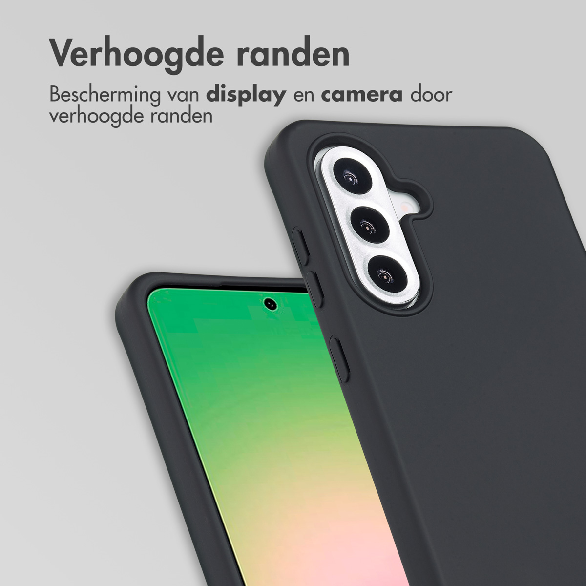 Zwarte telefoonhoes met opstaande randen, beschermt scherm en camera.