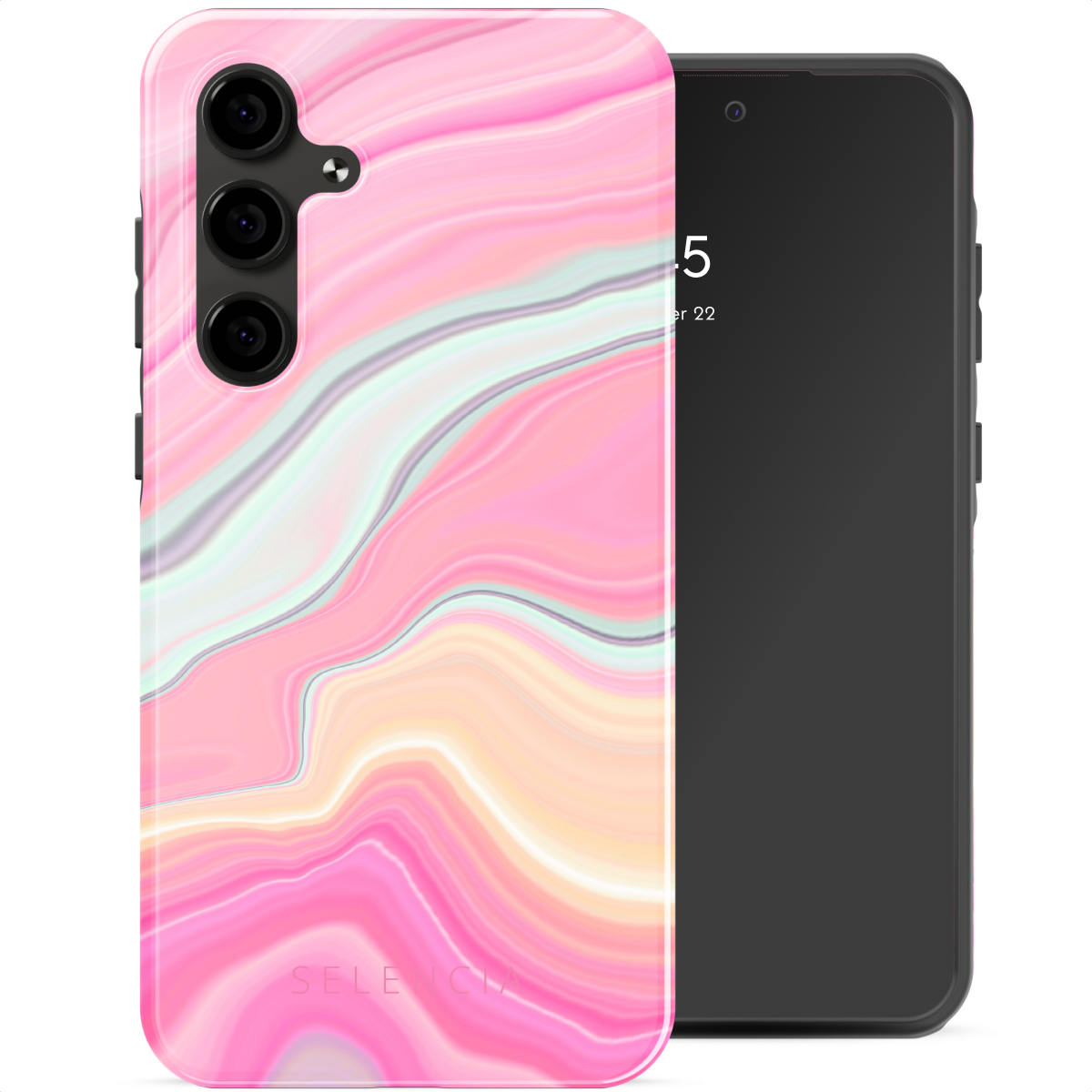 Telefoon met roze hoesje, marmerontwerp en drie camera's.
