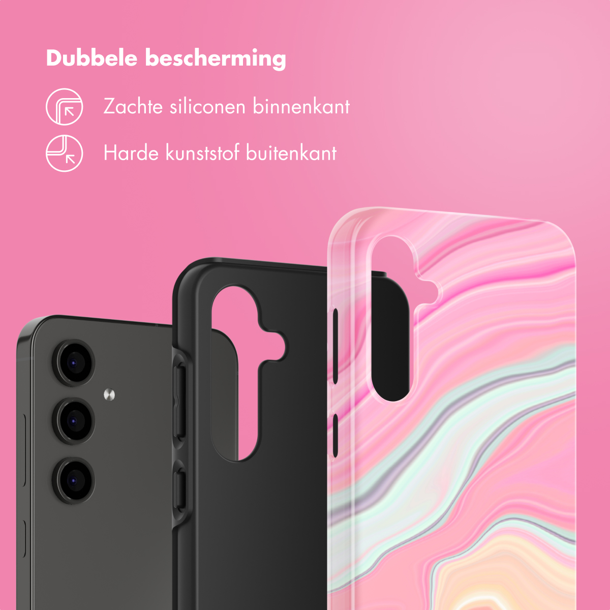 Drie telefoonhoesjes, één op een telefoon. Eén zwart, één met een marmerpatroon en één telefoon.