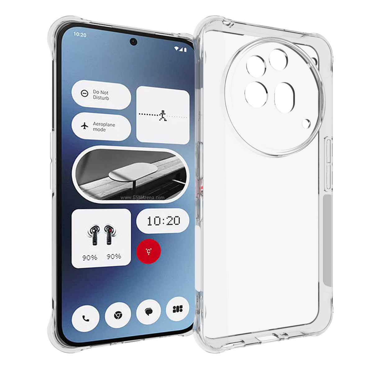 Een transparant telefoonhoesje dat een telefoonscherm met instellingen-iconen laat zien. Tekst: Niet storen, Vliegtuigmodus.