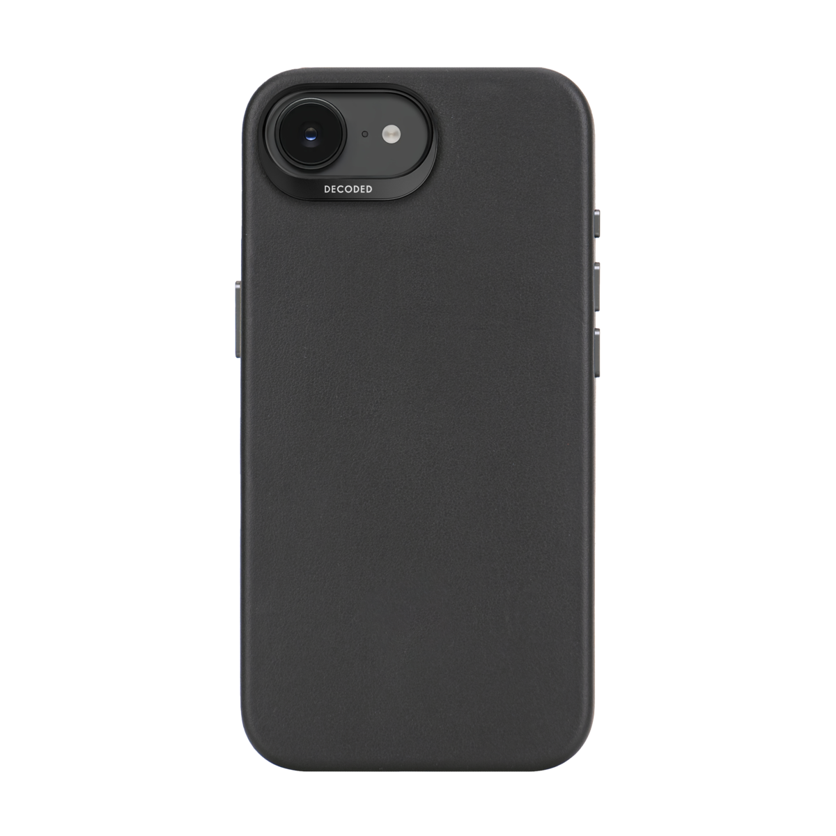 Zwarte telefoonhoes met een cameraring aan de achterkant, schuine weergave. Zwarte achtergrond.