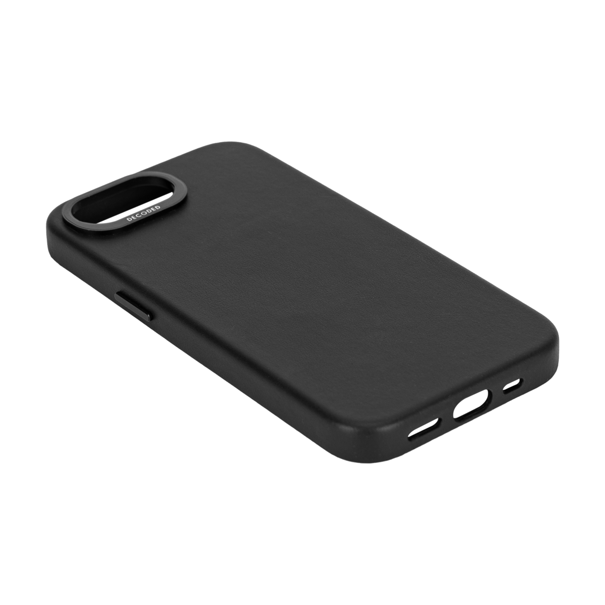 Zwarte telefoonhoes, schuin, toont het cameragat, op een zwart oppervlak.