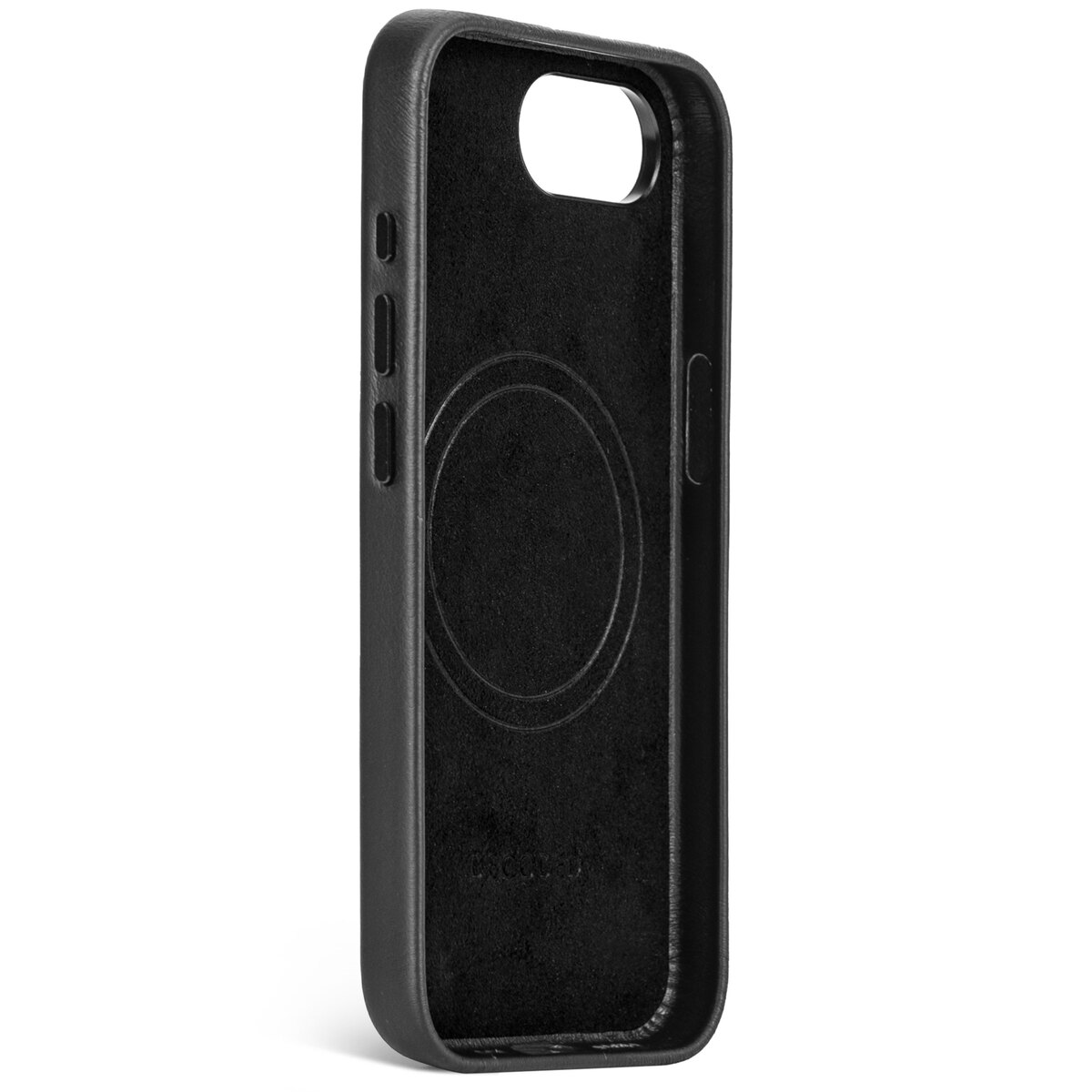 Zwart telefoonhoesje, binnenaanzicht. Achtergrond: zwart. Tekst: Decoded.