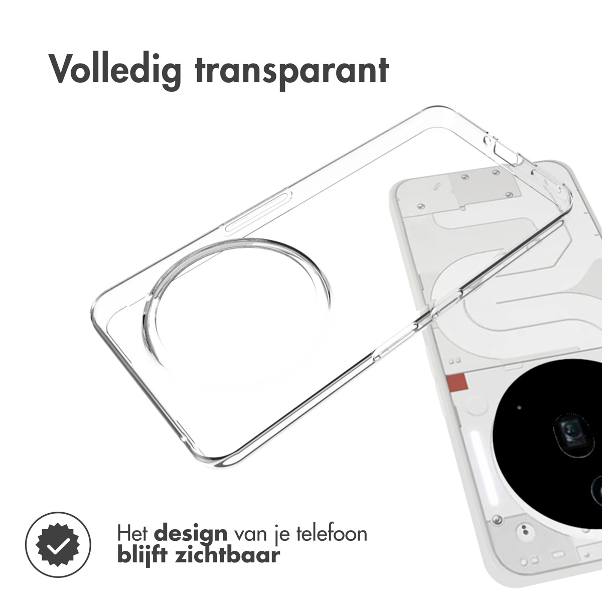Una custodia trasparente per telefono che mostra il design del telefono. Testo: Il design del tuo telefono rimane visibile.