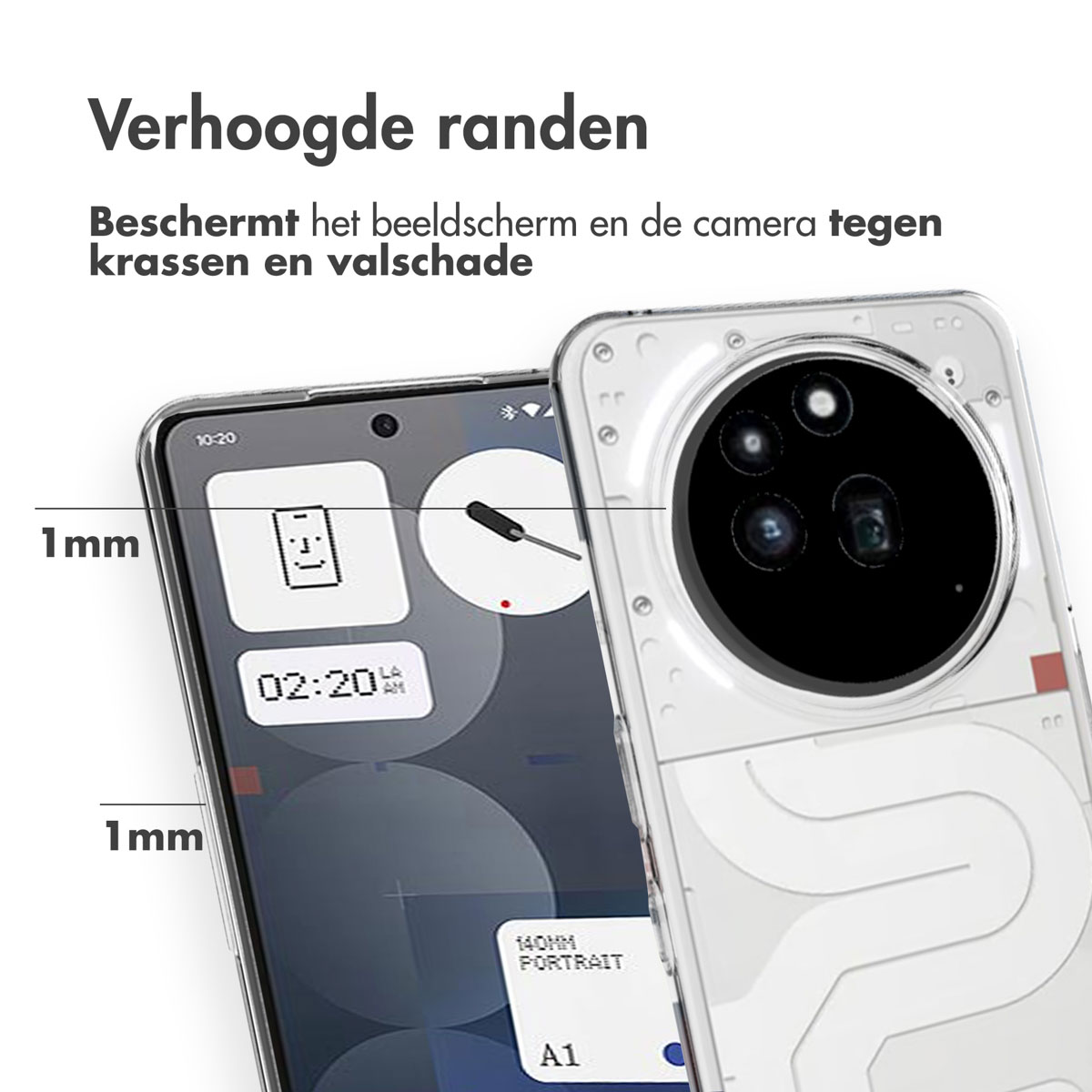 Smartphone achter doorzichtige hoes, scherm met tijd en tekst, 1mm randen.
