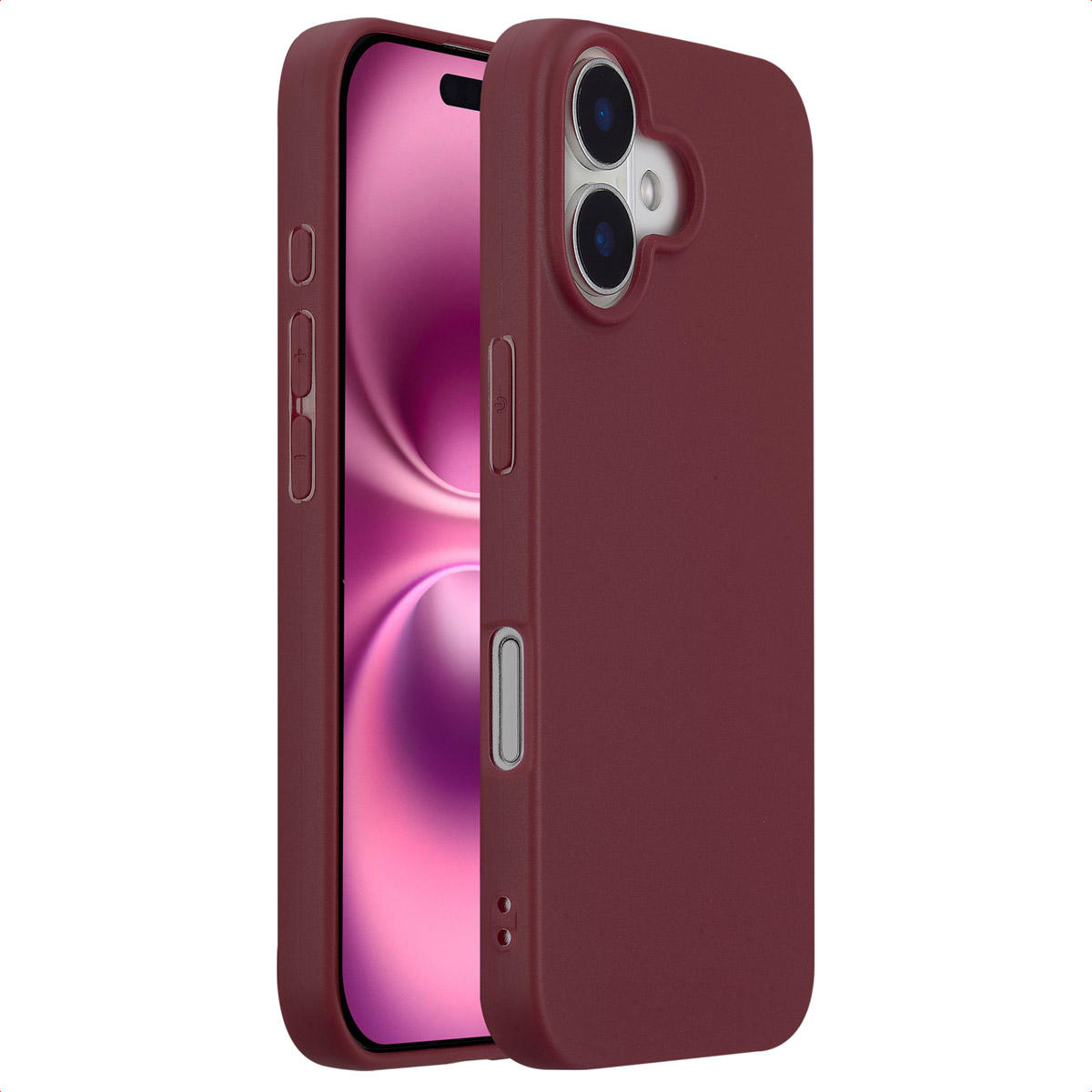 Een bordeaux telefoonhoesje op een telefoon met een roze scherm. Zijaanzichten van het hoesje worden ook getoond.