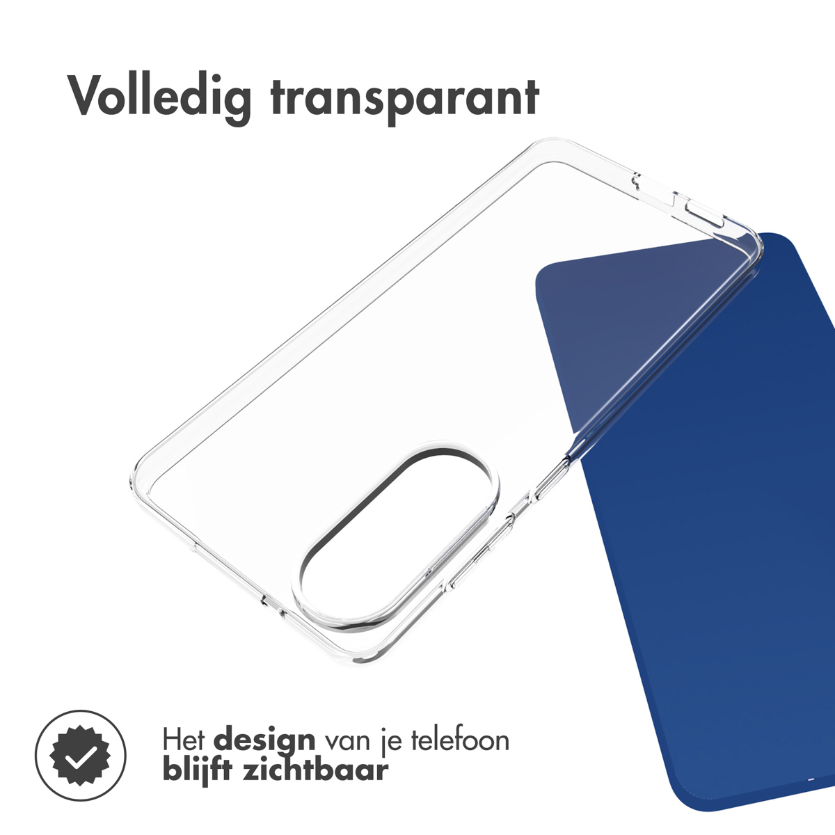 Custodia trasparente su sfondo blu. Testo: Il design del tuo telefono rimane visibile.