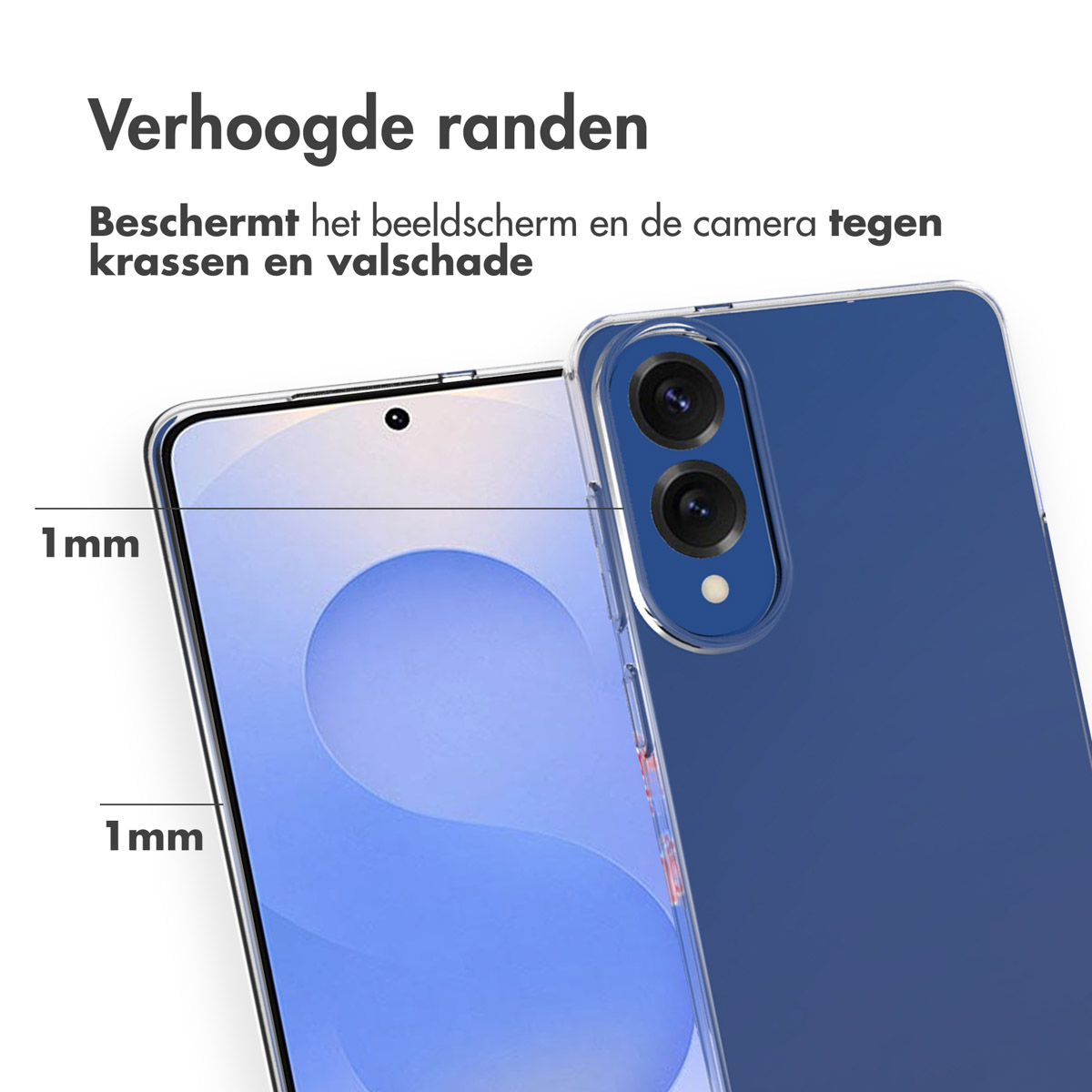 Telefon mit klarer Hülle. Text zeigt 1 mm Abstand von Bildschirm und Kamera.