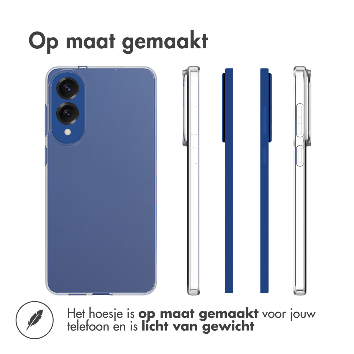 Transparente Handyhülle auf blauem Telefon. Gehäuse auf jeder Seite, Text sagt, zugeschnitten, leicht.