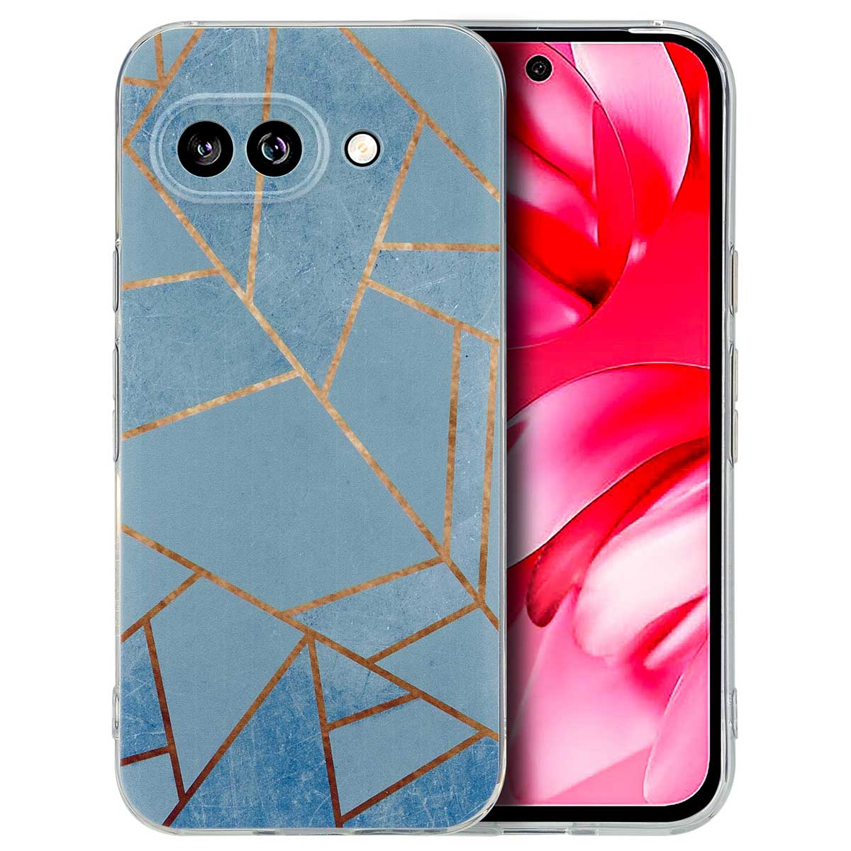 Téléphone avec une coque au design géométrique bleu et or, à côté de sa coque.