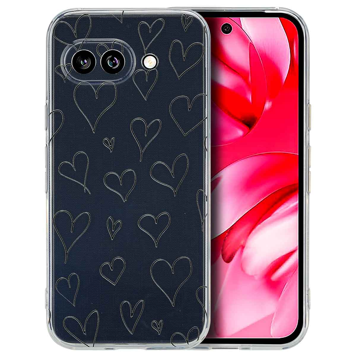 Coque de téléphone avec fond bleu foncé et contours de cœur dorés. Un téléphone est dans la coque.