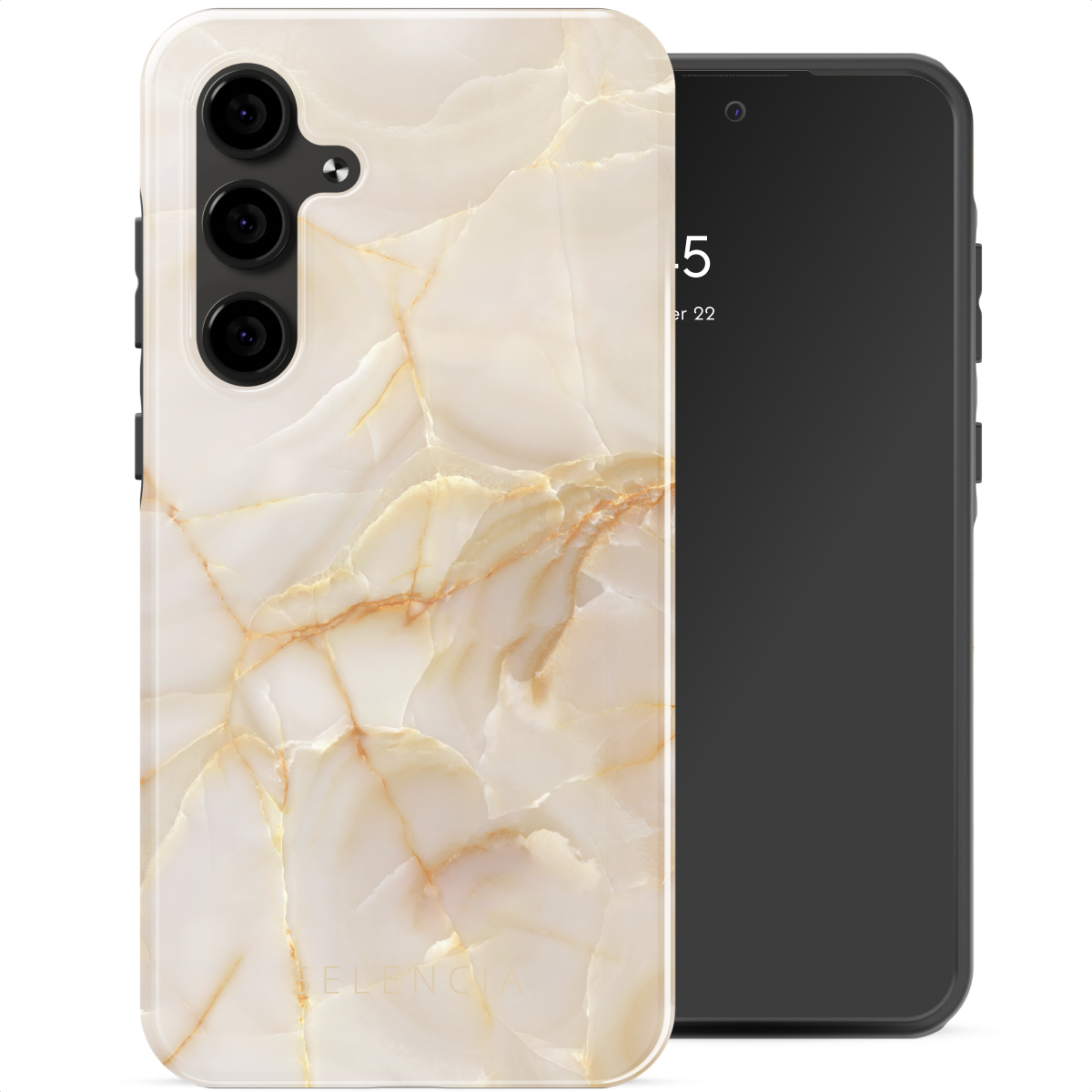Een telefoon met een witte marmeren hoes en een zwarte telefoon. Beige achtergrond.