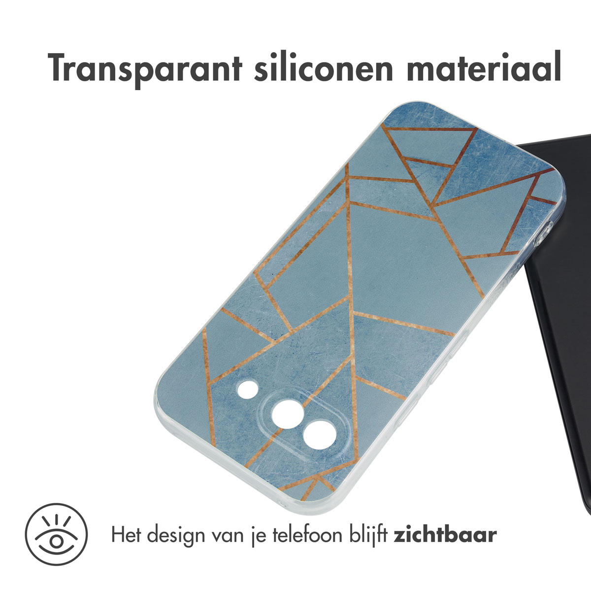 Coque transparente avec motif géométrique bleu et or, sur surface blanche.
