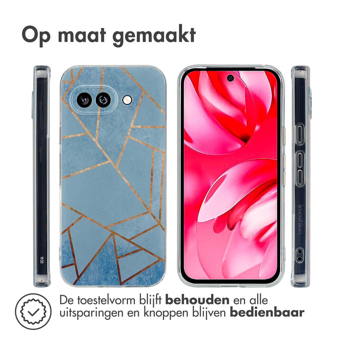 Téléphone avec étui et deux étuis debout. Étui à motif géométrique bleu et or.