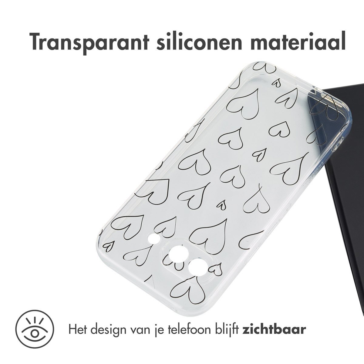 Une coque de téléphone transparente avec des formes de cœur noires. Le design du téléphone est visible.