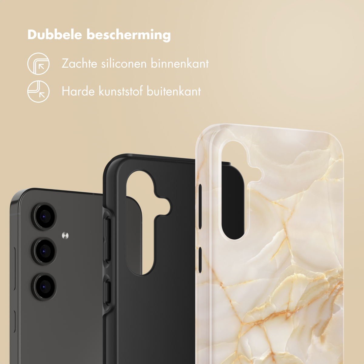 Drie telefoonhoesjes: zwart, marmer effect en een telefoon, dubbele bescherming.