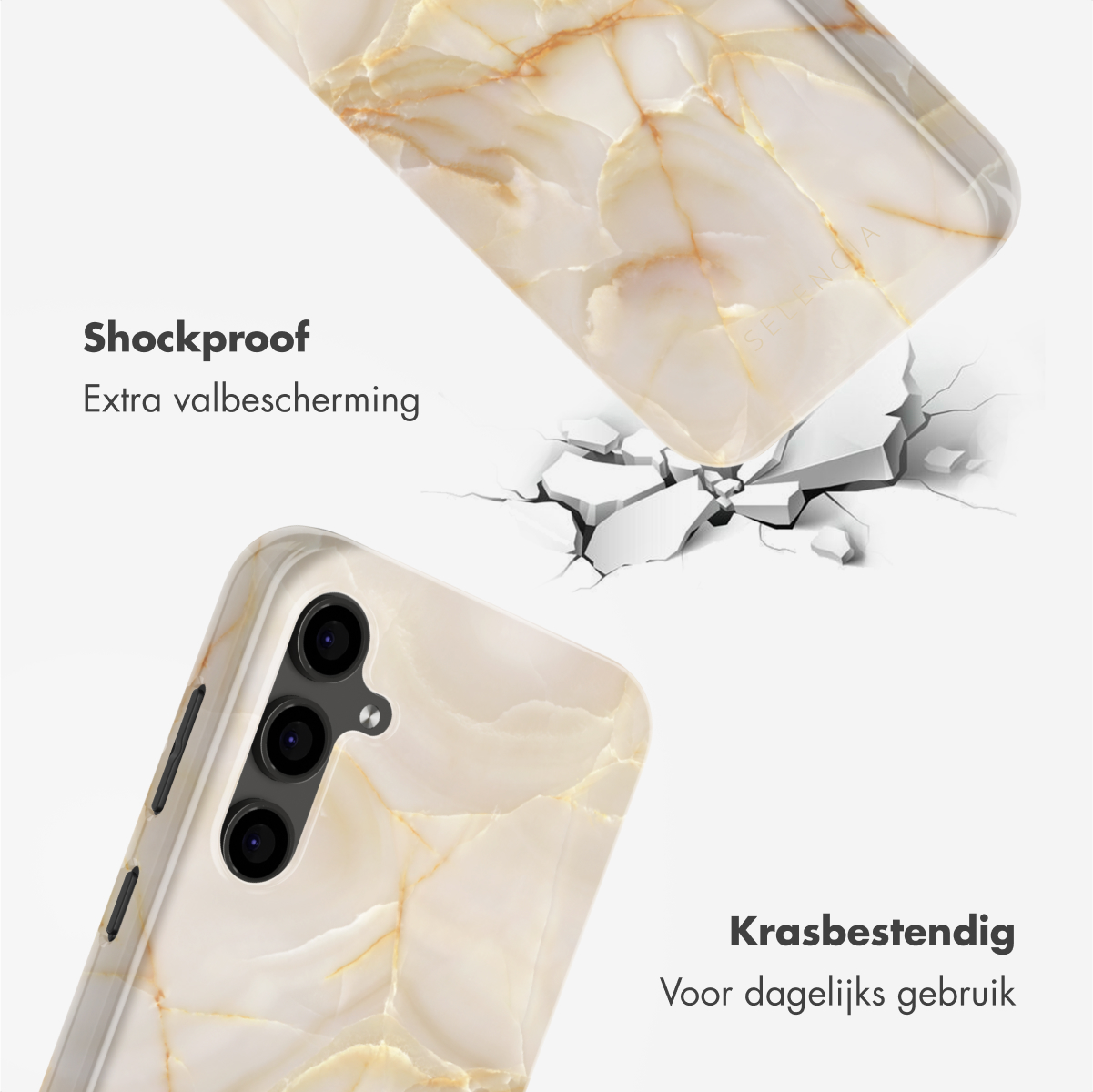 Twee telefoonhoesjes met een marmerpatroon, één gebarsten. Tekst: Schokbestendig, krasbestendig. Achtergrond: wit.