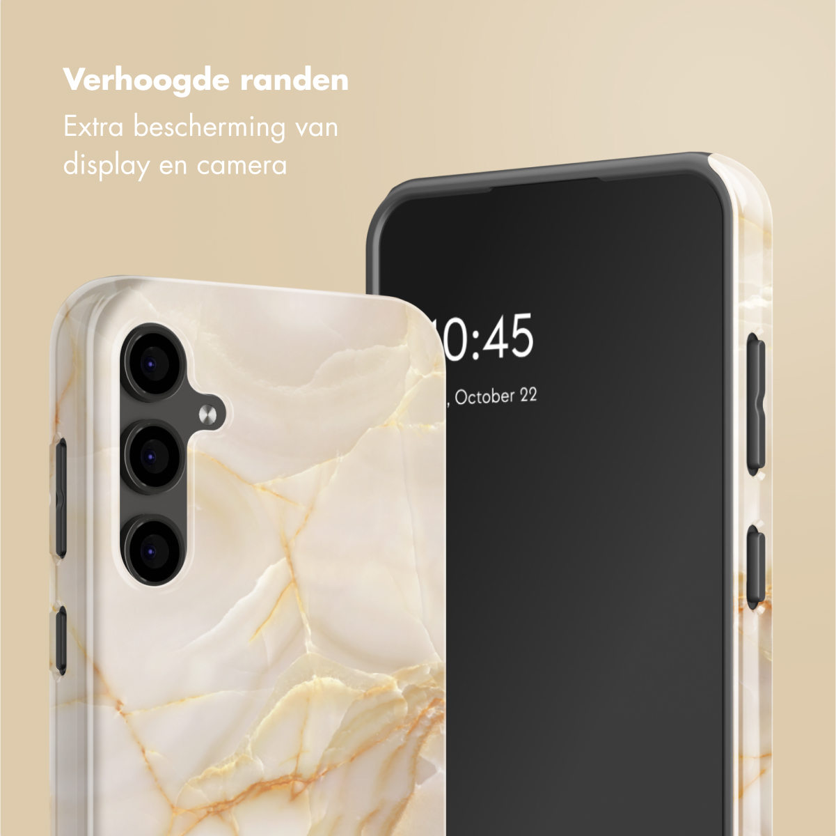 Telefoonhoesje met beige marmerdesign en een telefoon met de tijd 10:45 op het scherm. Tekst: Verhoogde randen.