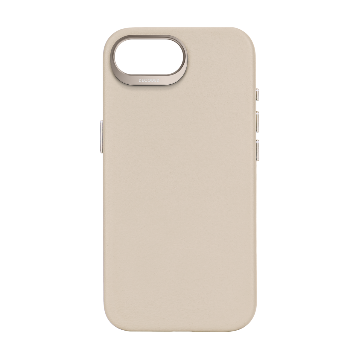 Een beige telefoonhoesje met een camera-uitsparing en het woord DECODED.