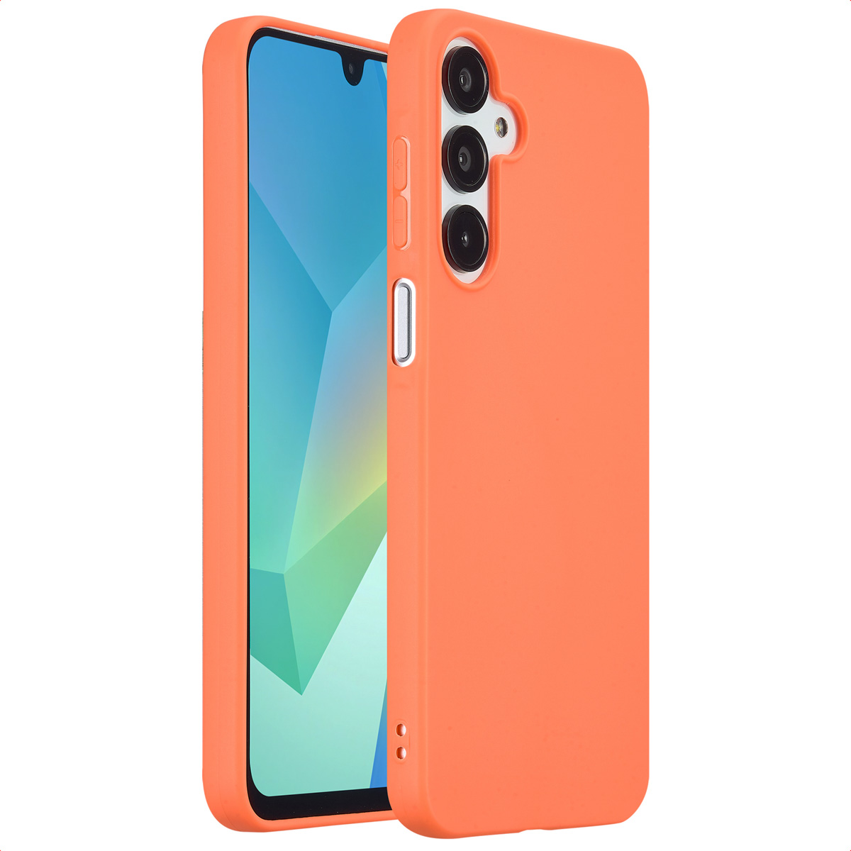 Eine orangefarbene Handyhülle mit einem Telefon darin. Der Bildschirm des Telefons zeigt ein blau-grünes Design.