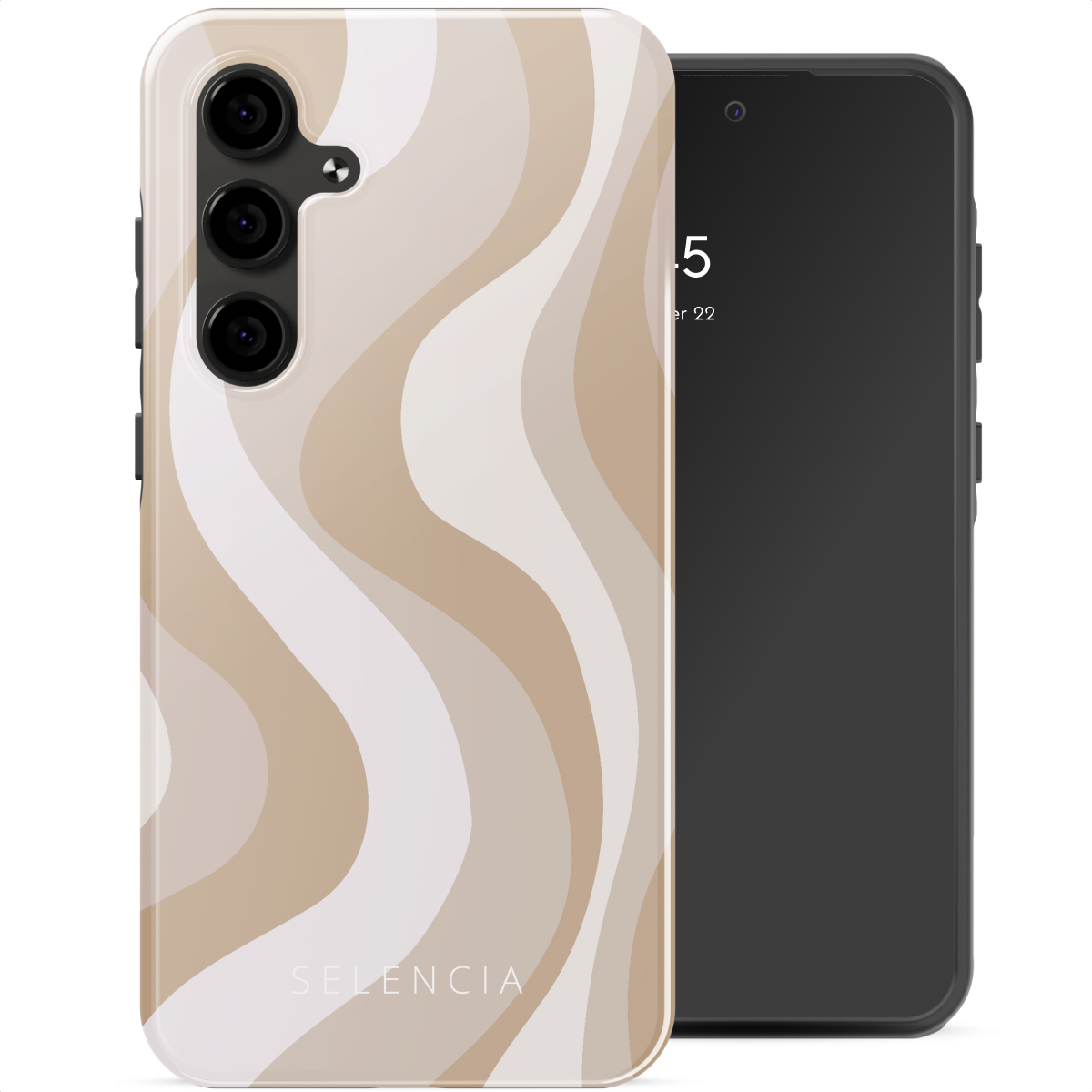 Telefoonhoesje met een beige, wit en lichtbruin golfpatroon. De telefoon zit in de hoes.