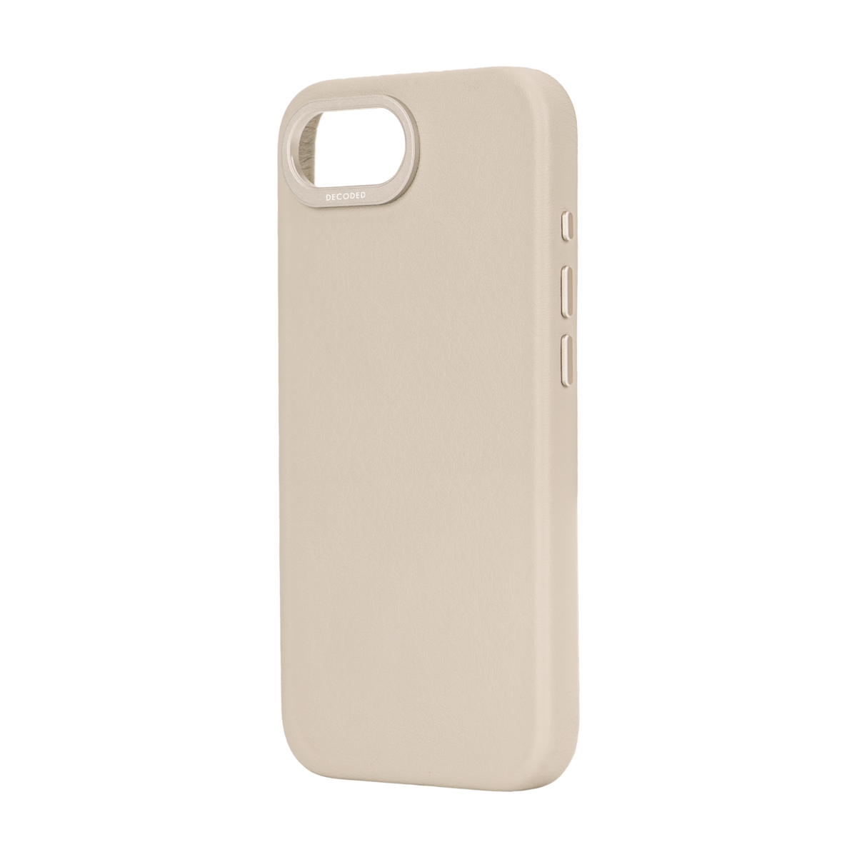 Een beige telefoonhoesje met een camera-uitsparing. De telefoonhoes is schuin geplaatst en toont de zijknoppen.