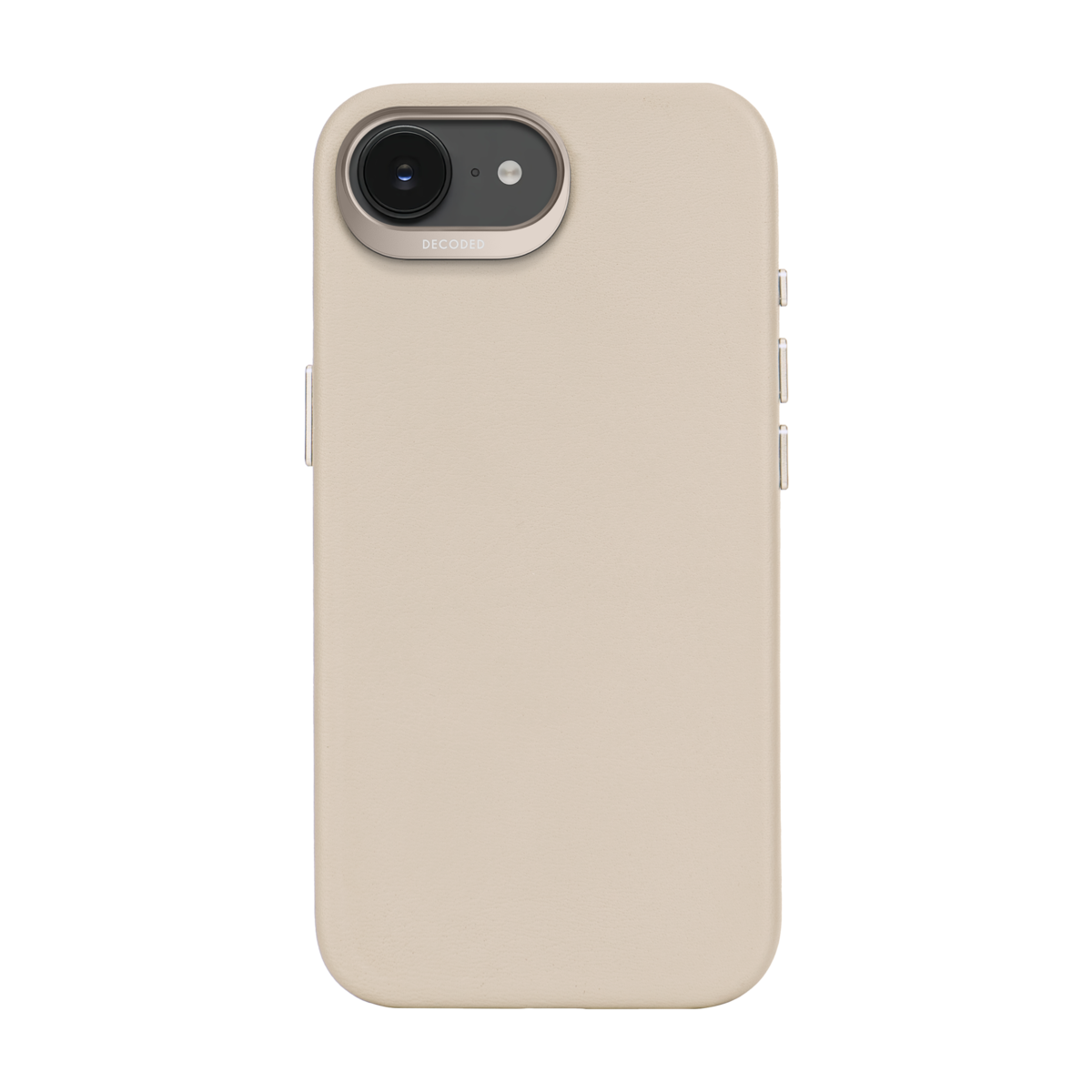 Beige telefoonhoesje met camera-uitsparing en het DECODED-logo. Zwarte achtergrond.