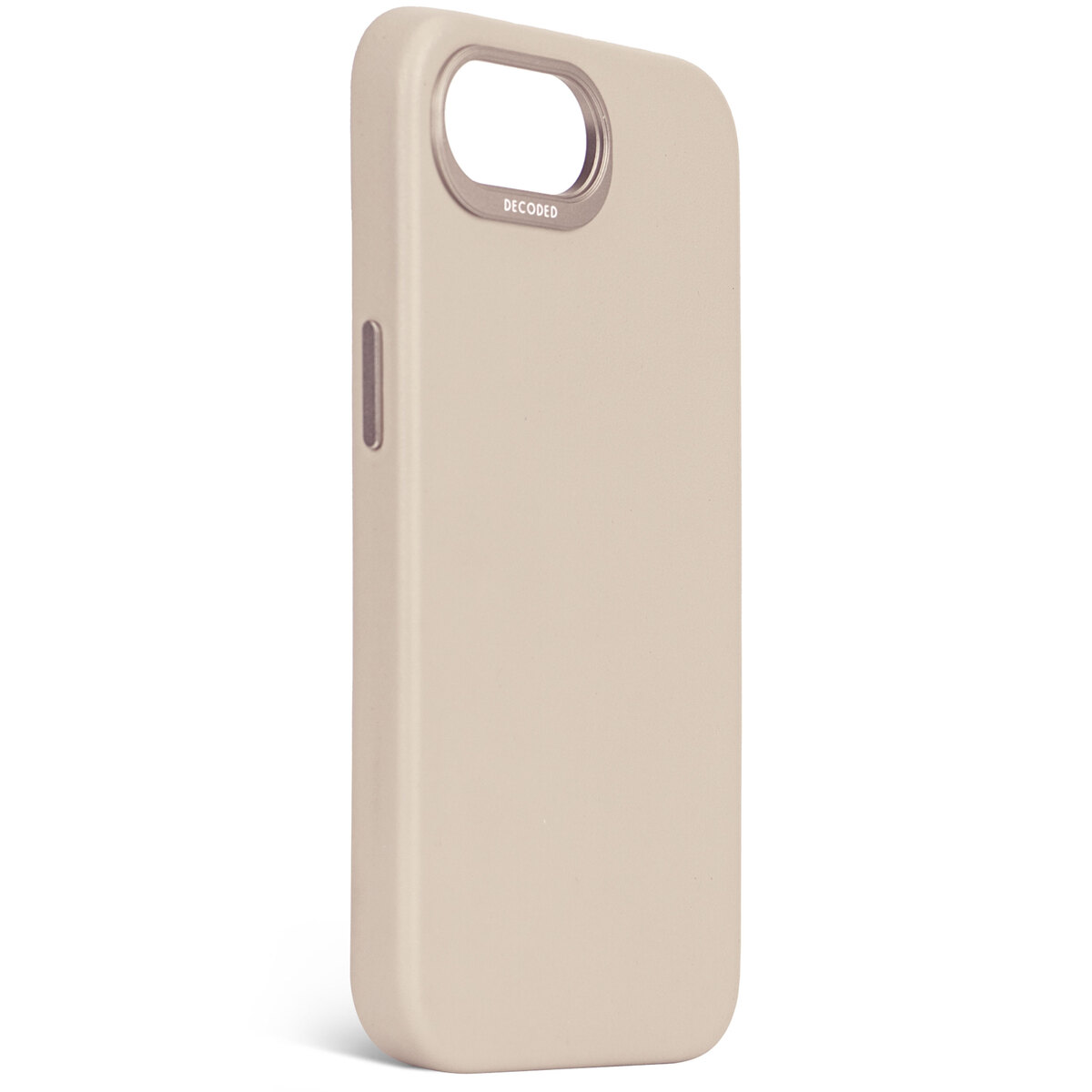 Beige telefoonhoesje met een camera-uitsparing en het woord 'DECODED'.