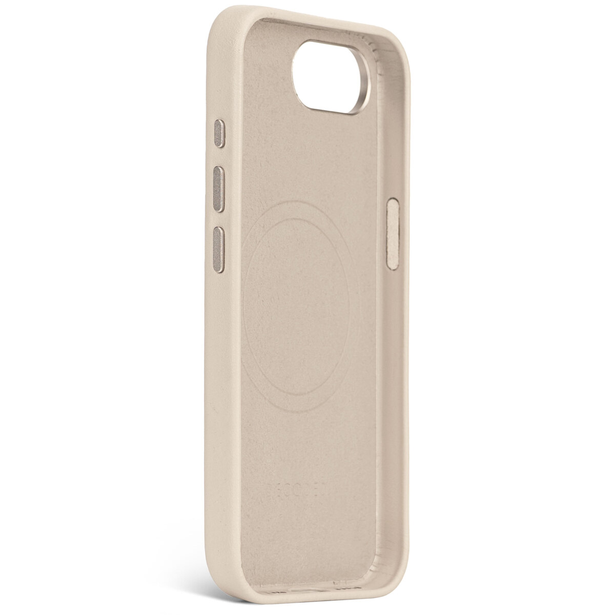 Beige telefoonhoesje met een beige binnenkant. De hoes heeft uitsparingen voor camera en knoppen.