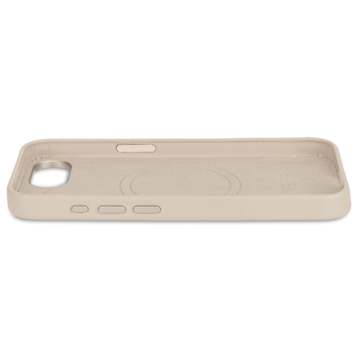Beige telefoonhoesje, zijaanzicht, met uitsparingen voor knoppen en opladen.