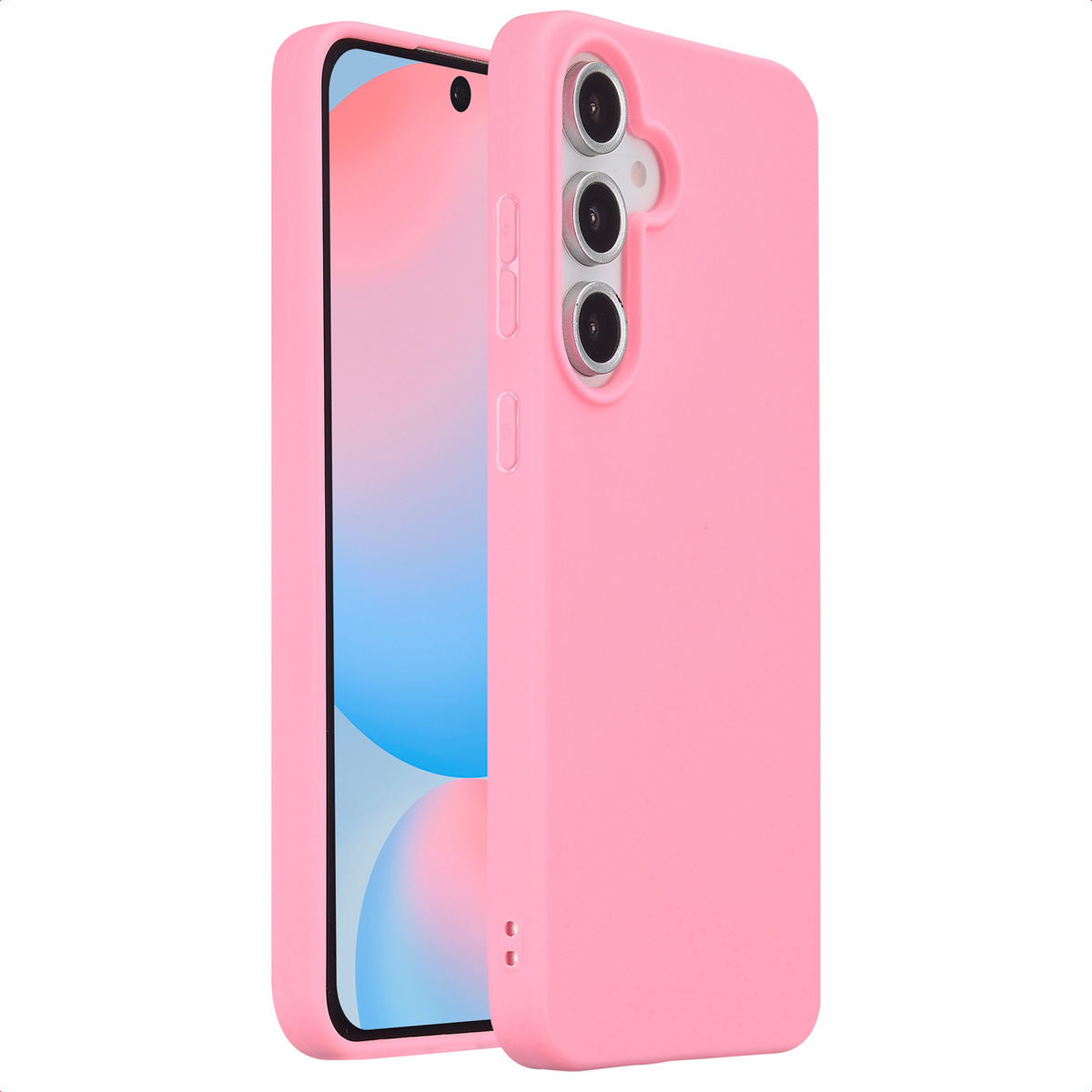 Roze telefoonhoesje met telefoon erin. Camera en knoppen zijn zichtbaar. Witte achtergrond.