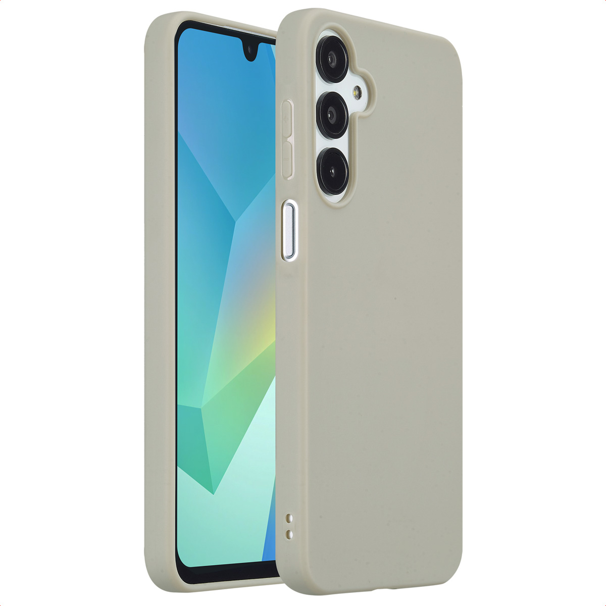 Eine hellgraue Handyhülle mit einem Telefon darin. Die Hülle bedeckt die Rückseite und Seiten.