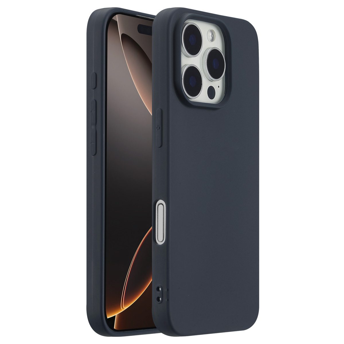 Coque bleu foncé sur téléphone. Vue latérale. Téléphone a 4 caméras. Fond blanc.